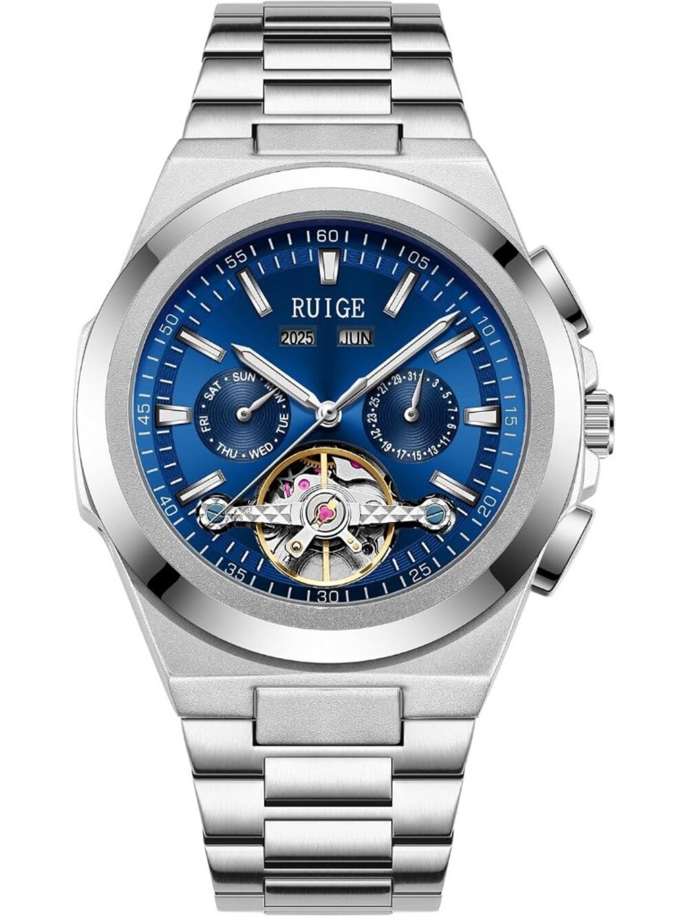 Men's Blue Fully Automatic Mechanical 43mm Hollow Skeleton Dial Wrist Watch
